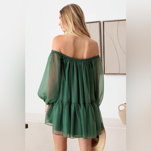NWT-Organza Long Off Shoulder Wide Sleeve Mini Dress - Picture 6 of 6